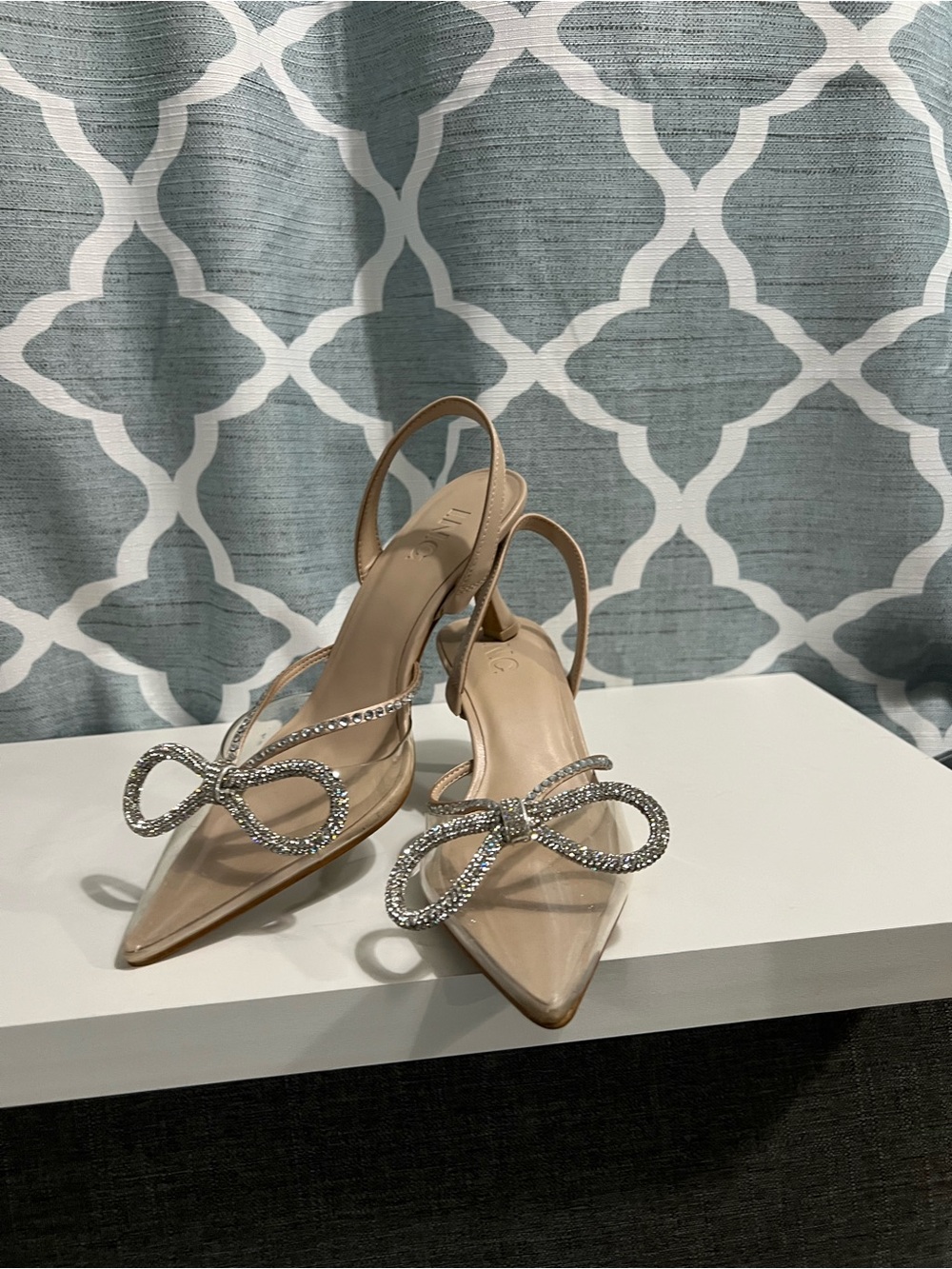 INC International Concepts Nude Patent Slingback kitten Heels with Crystal Bow